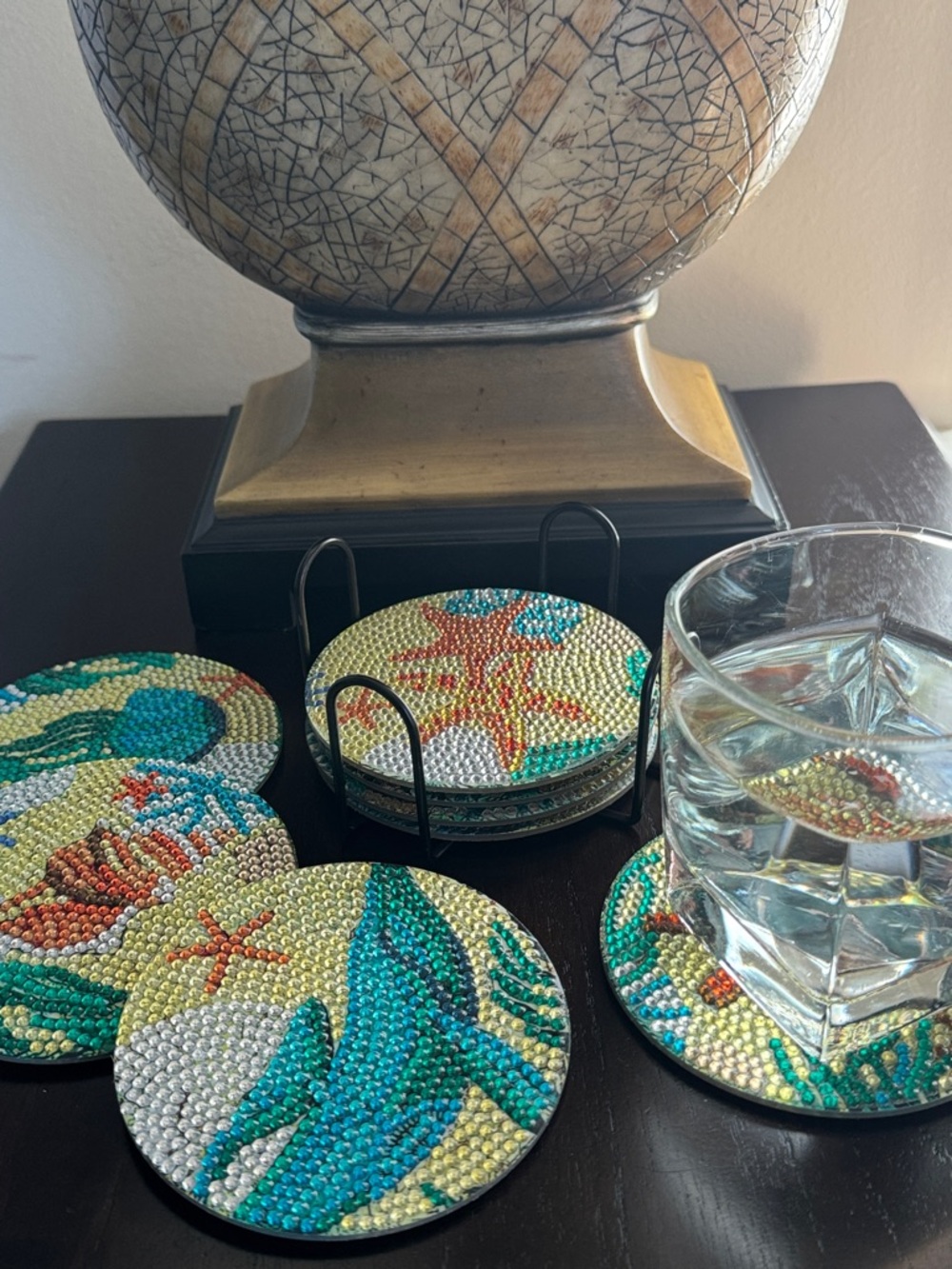 Gift-Ready Coastal Coaster Set of 8 – Ocean Life Diamond Art Coasters w/Holder